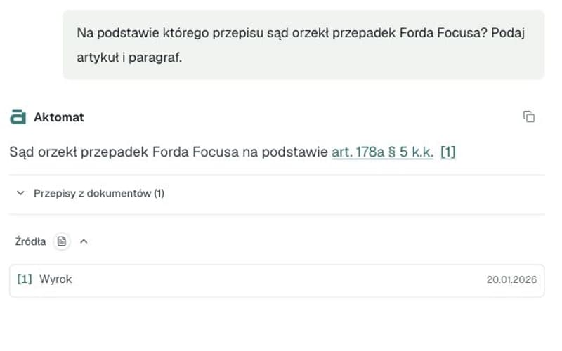 Aktomat: odpowiedź ze wskazaniem przepisu i źródłowego wyroku