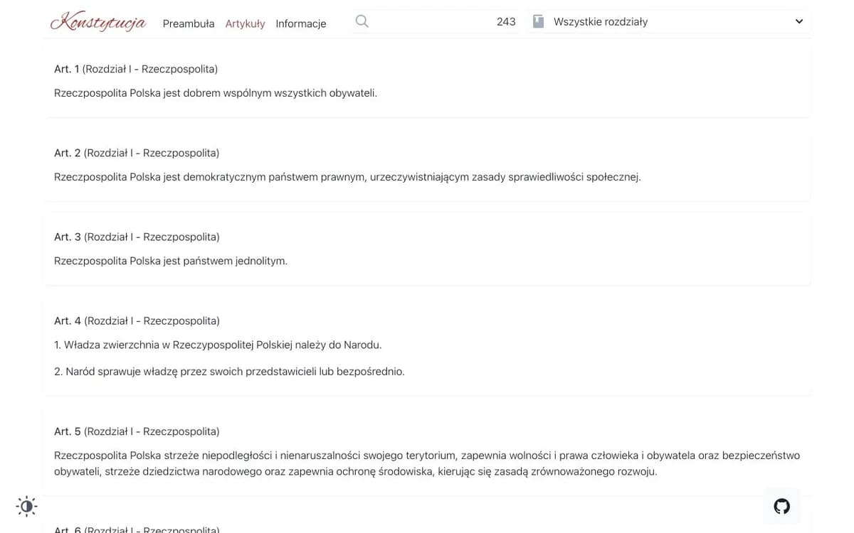 konstytucja.online: artykuły Konstytucji RP i wybór rozdziału
